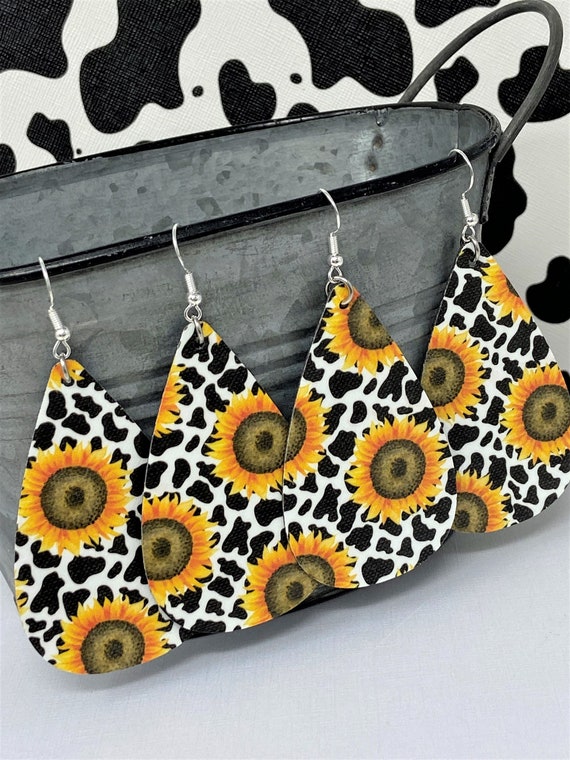 Sunflower & Cow Themed Teardrop Shaped Dangle Earrings