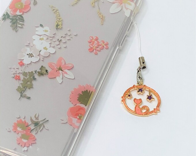 Enamel Cat Phone Charm, Gold Star Design, Kawaii Accessory