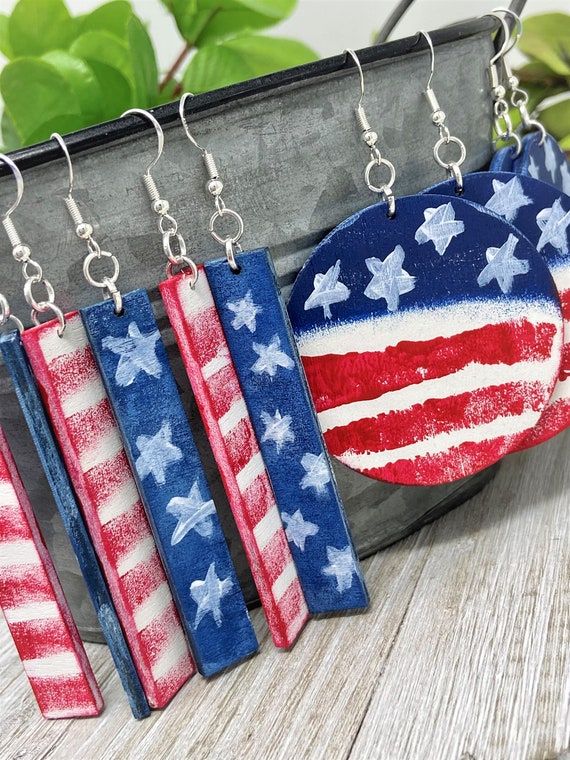 US Flag Themed Hand Painted Birch Wood Earrings | Patriotic Earrings