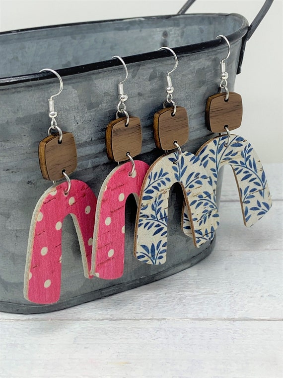Arch Earrings, Pink Polka Dot Earrings, Linen Style Earrings, Linen Style, Gift for Her, Ava Earrings, Leather Backed Cork Earrings