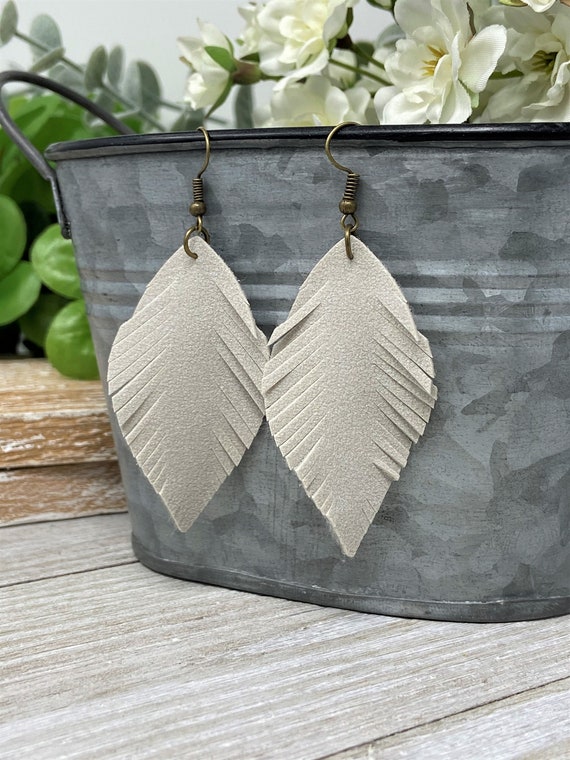Hand Cut Fringe Feathered Leaf Shaped Dangle Earrings | Choose from Multiple Colors