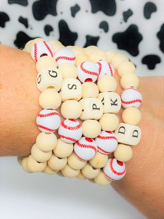 Baseball Bracelet, Initial Bracelet, Baseball Mom Bracelet, Sports Bracelet, Team Bracelet, Wood Beads, Number Bracelet, Gift for Mom, Gift