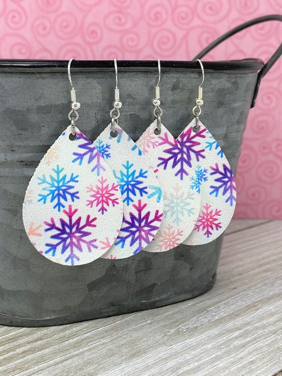 Winter Themed Snowflake Colored Teardrop Shaped Dangle Earrings | Christmas Earrings