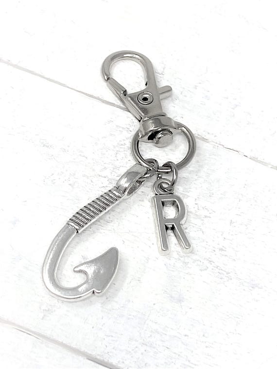 Fishhook Keychain, Personalized Initial Charm, Fisherman Gift