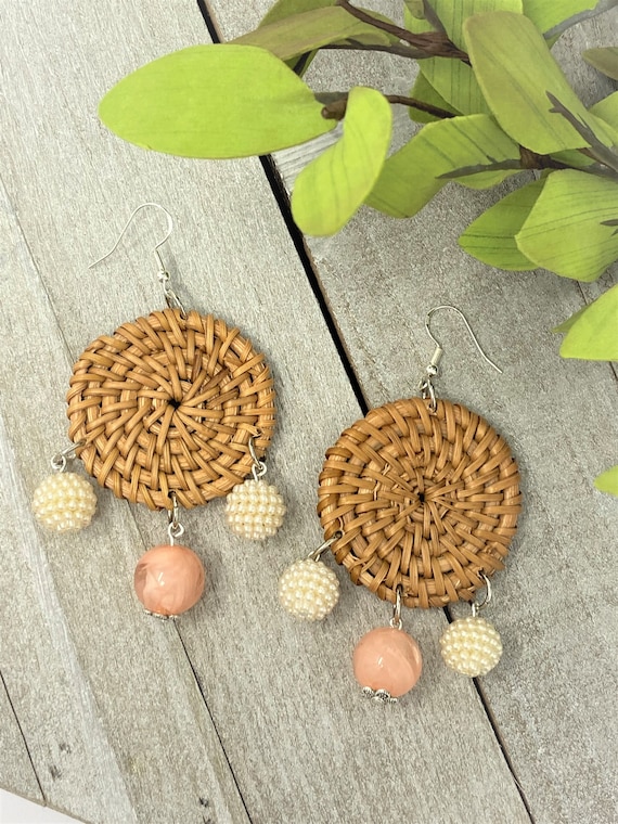 Rattan Earrings, Round Earrings, Beaded Rattan Earrings, Basket Weave Earrings, Raffia Earrings, Trendy, Sweet Grass Earring, Gift for Her