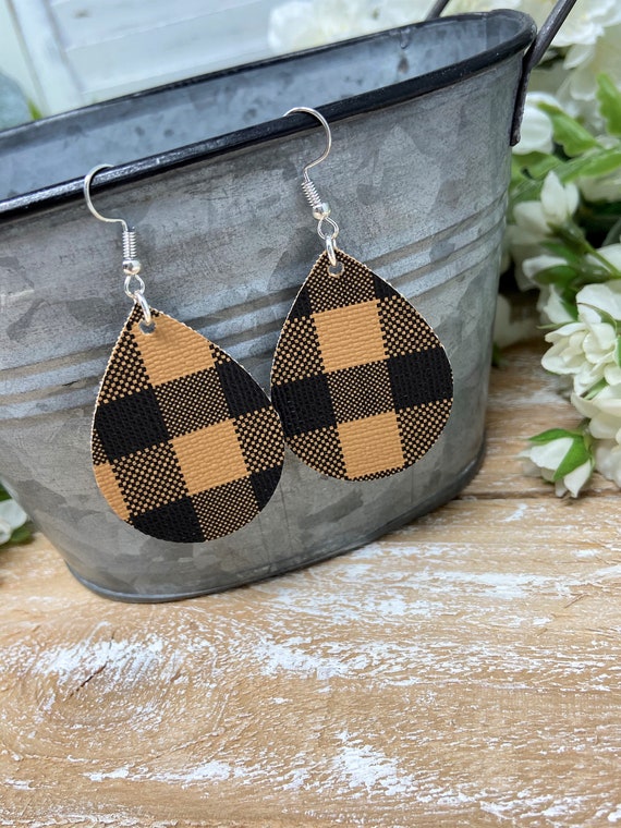 Brown-Black Plaid Colored Teardrop Shaped Dangle Earrings