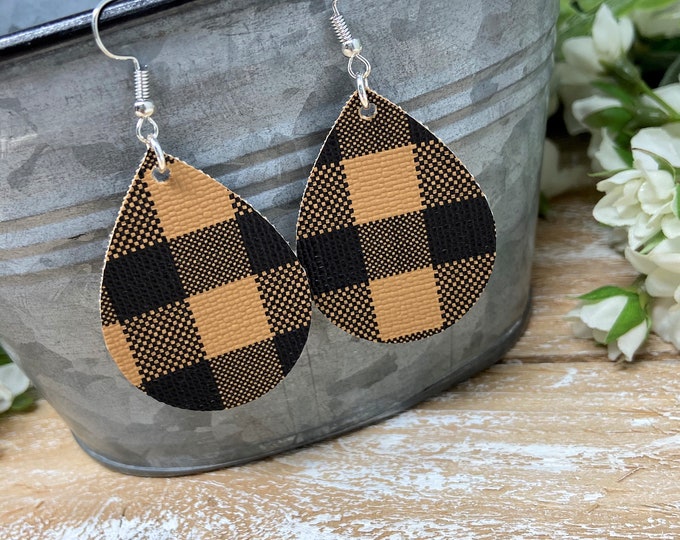 Brown-Black Plaid Colored Teardrop Shaped Dangle Earrings
