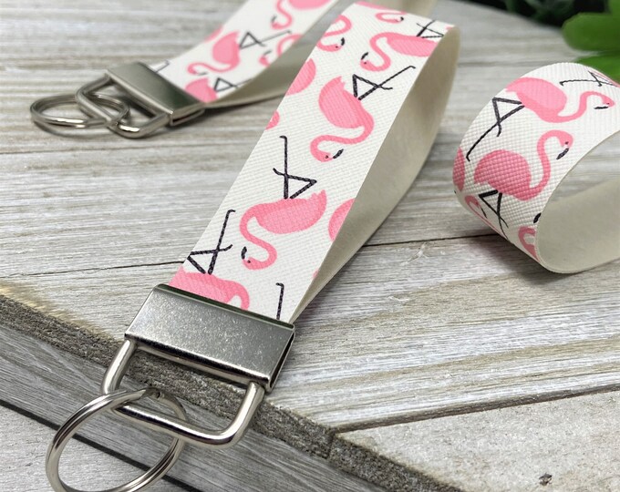 Pink Flamingo Print Faux Leather Key Chain Wristlet