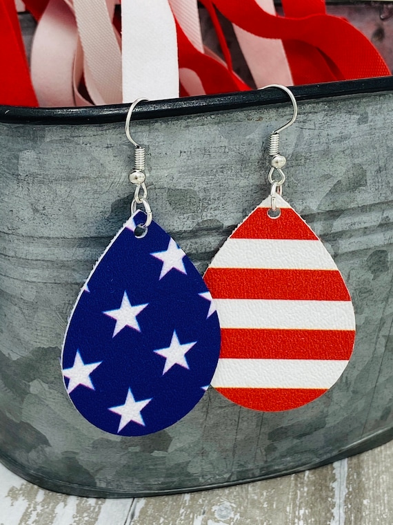 Mix Match Flag Themed Teardrop Shaped Dangle Earrings | Patriotic Earrings