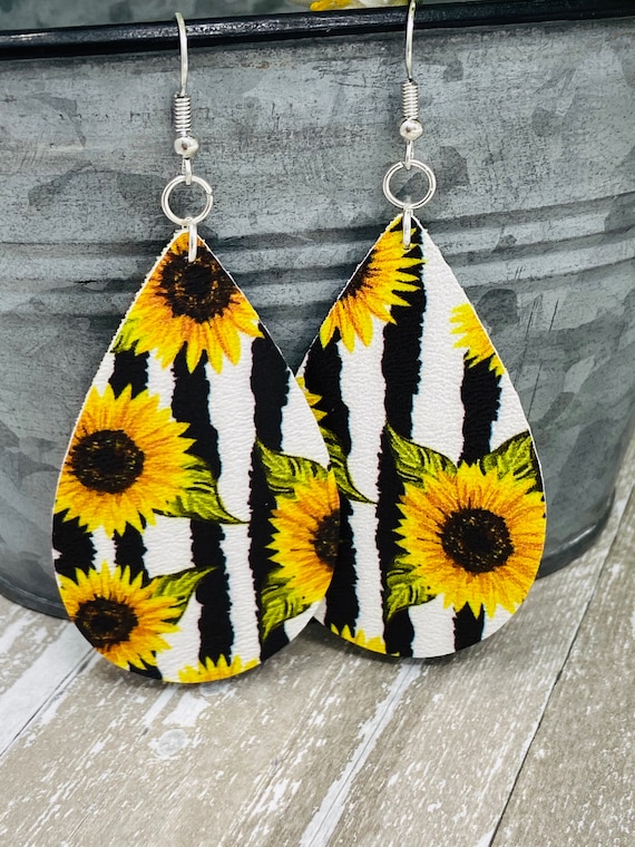 Sunflower Themed Large Teardrop Shaped Dangle Earrings