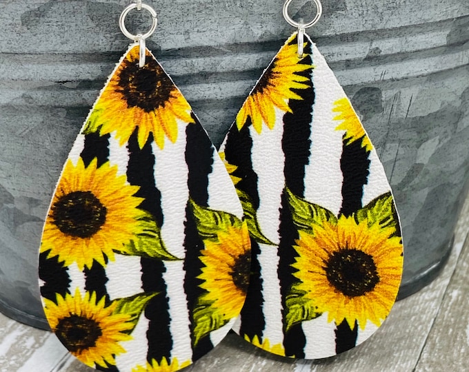 Sunflower Themed Large Teardrop Shaped Dangle Earrings
