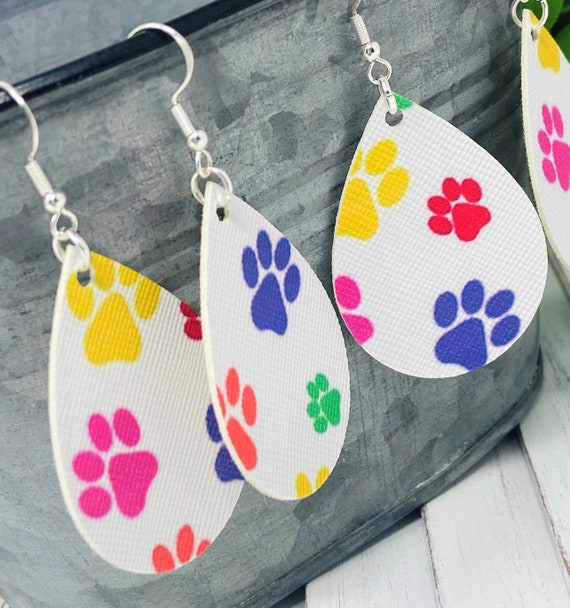 Paw Print Themed Multi-Colored Teardrop Shaped Dangle Earrings