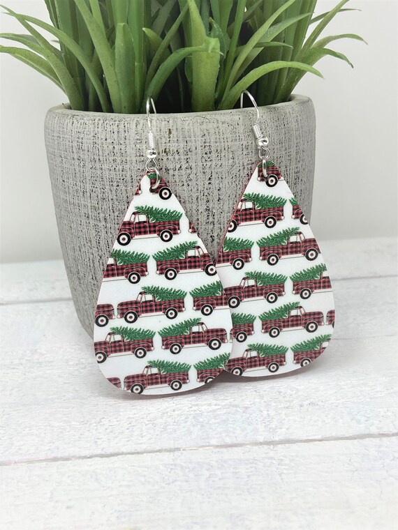 Little Red Christmas Truck Themed Teardrop Shaped Dangle Earrings