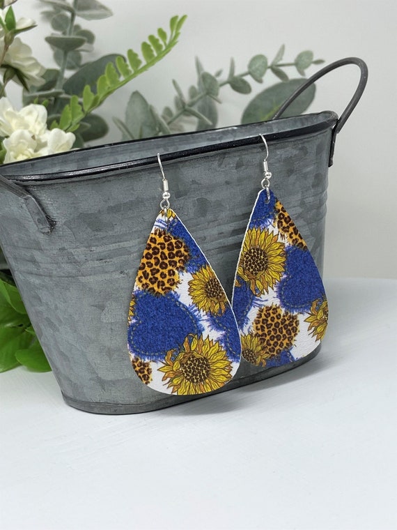 Sunflower & Denim Heart Themed Teardrop Shaped Dangle Earrings