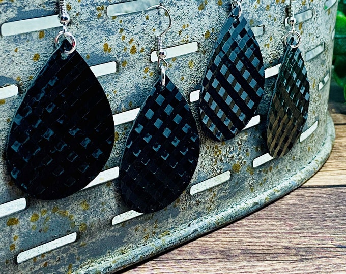 Shiny Black Teardrop Shaped Dangle Earrings | Shiny Textured