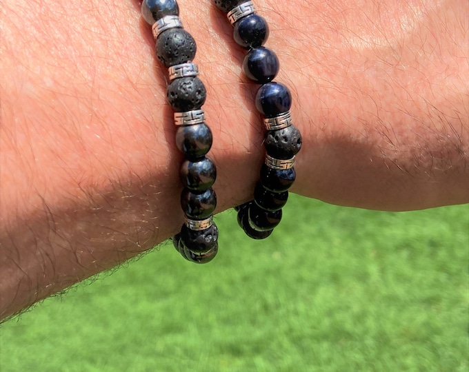 Men's Healing Stone Bracelet, Lava, Hematite, Tiger Eye