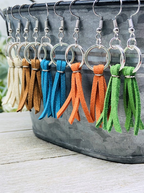 Tassel Earrings, Mini Tassel Earrings, Suede Earrings, Tassel Drop Earrings, Fringe Earrings, Boho Earrings, Christmas Gift, Gift