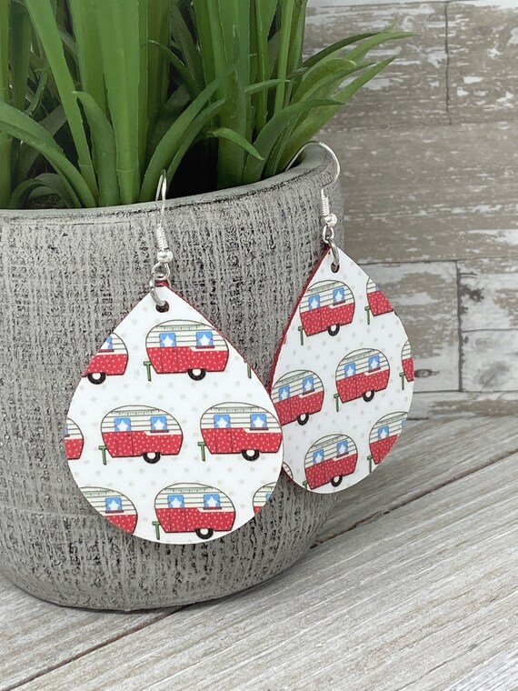 Camper Themed Teardrop Shaped Dangle Earrings