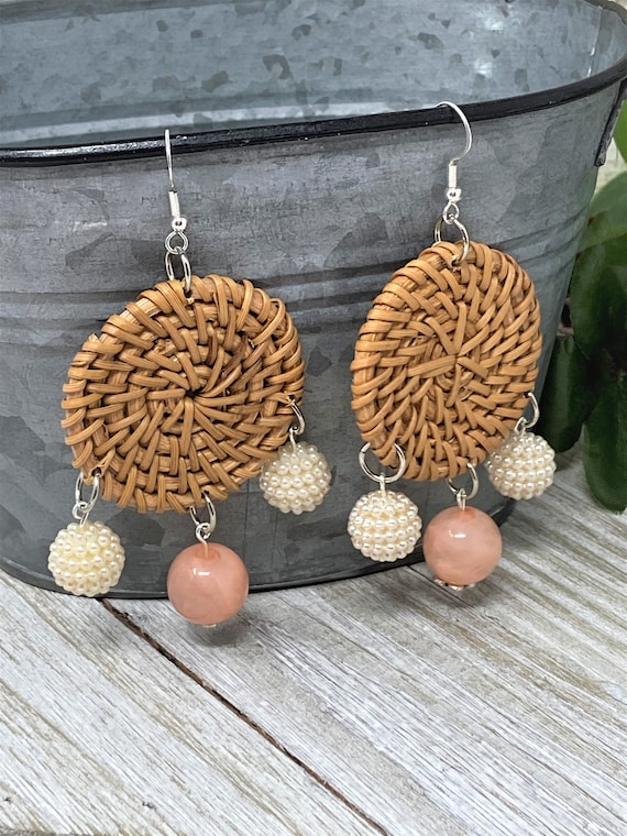 Rattan and Pearl Drop Earrings