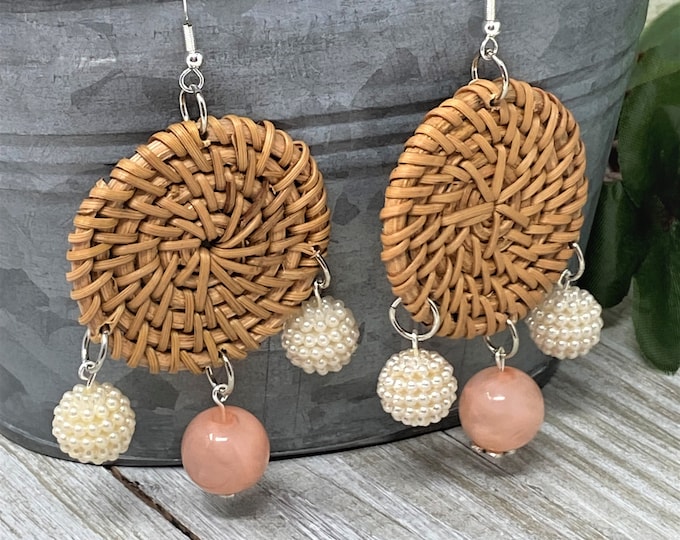 Rattan and Pearl Drop Earrings
