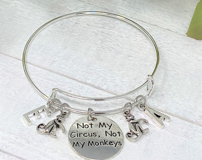 Not My Circus Bangle Bracelet, Monkey Charm, Personalized Initial Jewelry