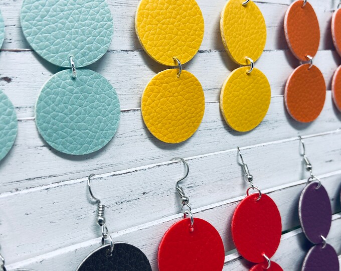 Faux Leather Circle Drop Earrings: Double-Sided 2-Tier Dangle