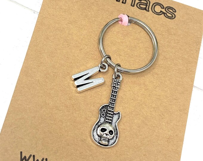 Skull Guitar Personalized Keychain | Add Initial