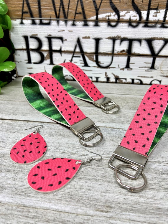 Watermelon Earrings, Watermelon Sugar Wristlets and Earrings Sets, Watermelon Key Chains, Key Fobs, Double Sided Faux Leather, Key Chain Set
