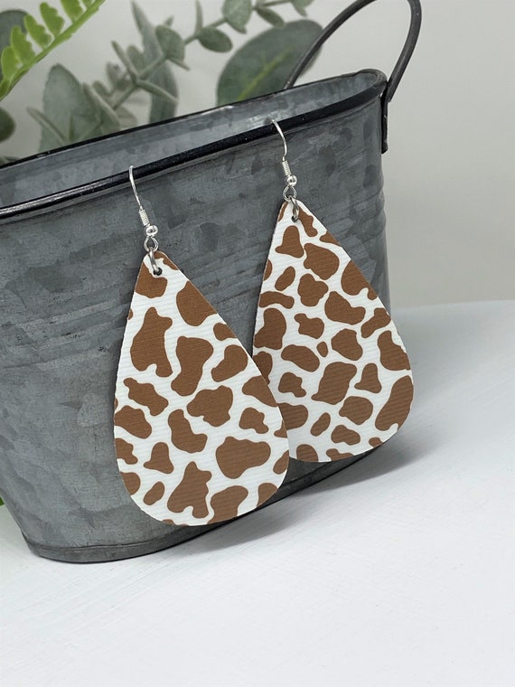 Cow Print Themed Brown/White Colored Teardrop Shaped Dangle Earrings