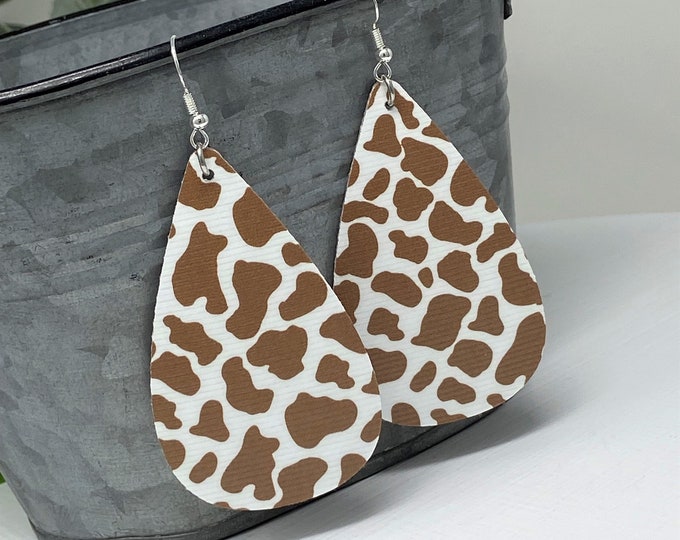 Cow Print Themed Brown/White Colored Teardrop Shaped Dangle Earrings