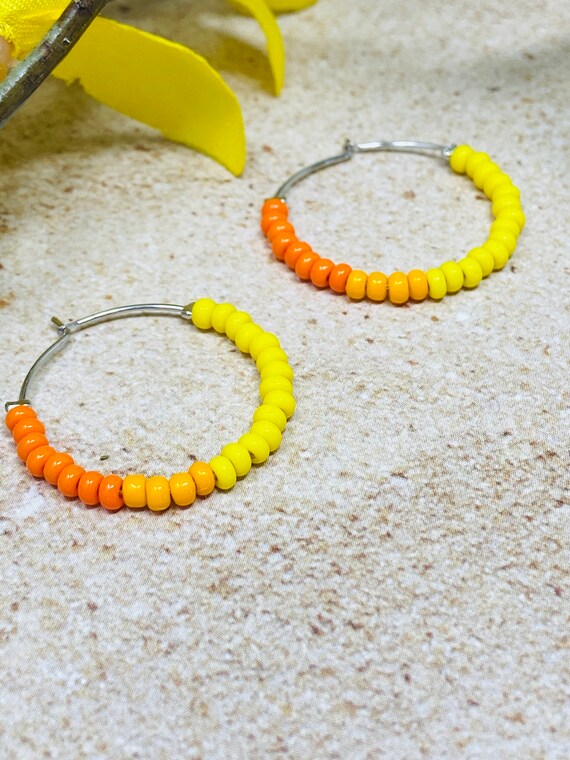 Yellow to Orange Ombre Colored Beaded Hoop Earrings