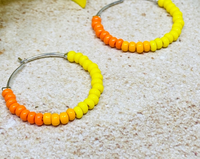 Yellow to Orange Ombre Colored Beaded Hoop Earrings
