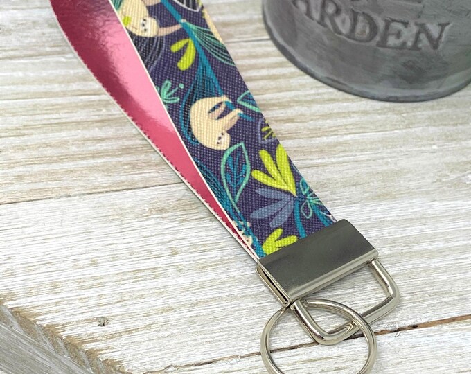Sloth Keychain Wristlet - Faux Leather with Shimmery Pink Interior