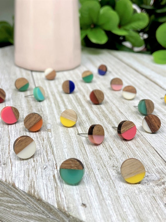 Round Earrings, Wood and Resin Earrings, Geometric Earrings, Wood Studs, Trendy Earrings, Minimalist Earrings, Earthy Earrings, Gift for Her