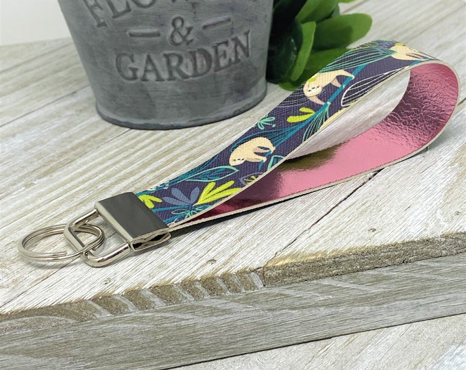 Sloth Print Keychain Wristlet, Faux Leather Key Fob