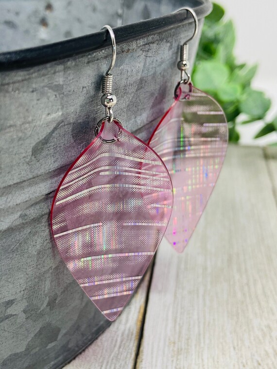 Leaf Earrings, Pink or Purple, Fun Summer Earrings, Metallic Jelly Earrings, Jelly Earrings, Christmas, Gift