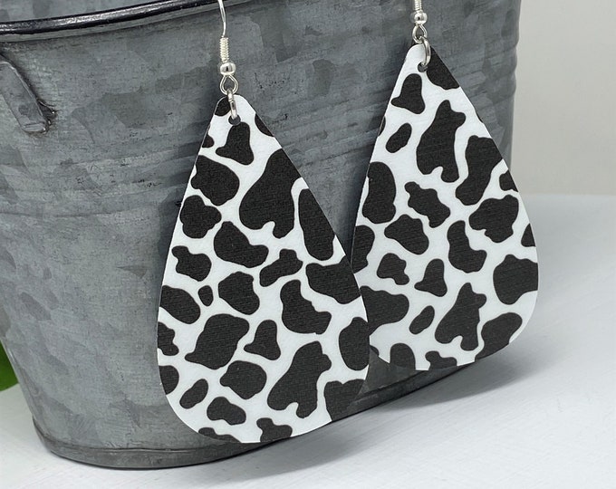 Cow Print Themed Black/White Colored Teardrop Shaped Dangle Earrings