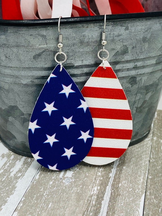 Mix Match US Flag Themed Large Teardrop Shaped Dangle Earrings | Patriotic Earrings