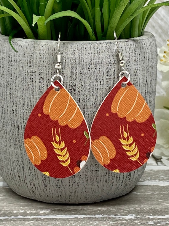 Pumpkin Spice Themed Colored Teardrop Shaped Dangle Earrings