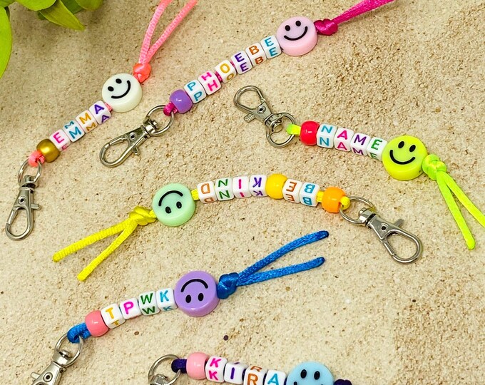 Custom Beaded Name Keychain | Smiley Face Charm Accessory