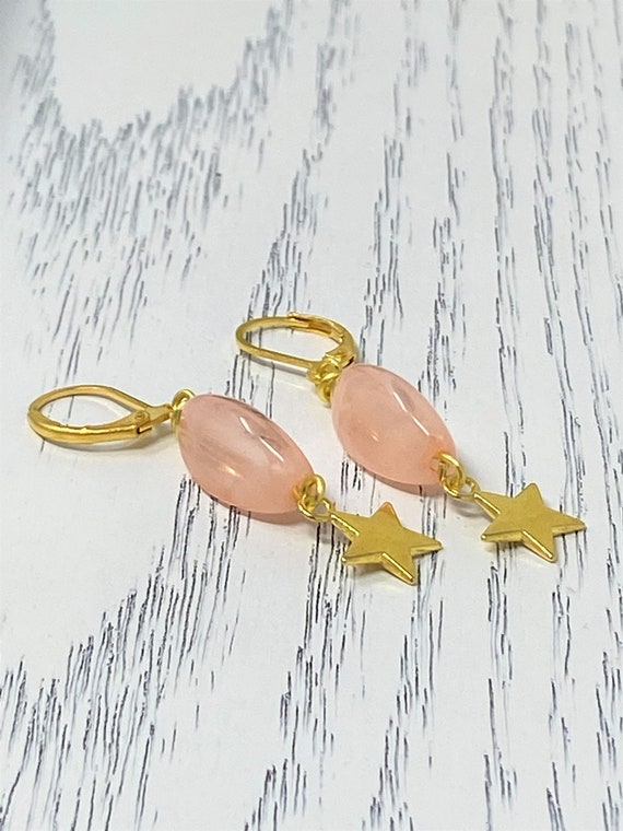 Gold Star Earrings, 90's Jewelry, Rose Quartz Beaded Earrings, Star Earrings, Huggie Earrings, Pink and Gold Earring, Valentine Gift, Gift