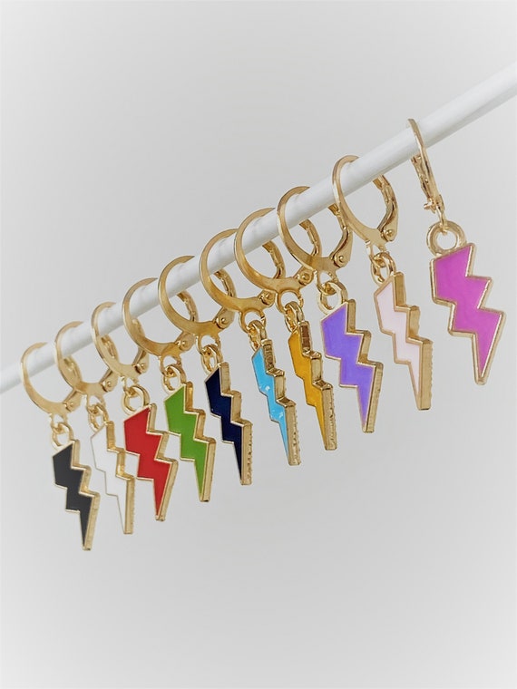 Lightning Bolt Earrings, Thunder Bolt Earrings, Lightning Bolt Huggie Hoops, Trendy Lightning Earrings, Gold Plated Enamel Earrings, Gift