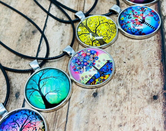 Tree of Life Cabochon Necklace: Colorful Glass Pendant, 20" Black Cord