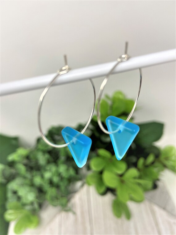 Triangle Earrings, Hoops, Matte Caribbean Blue Sea Glass Triangle Earrings, Sea Glass Earrings, Geometric Earrings, Triangle Drops, Gift
