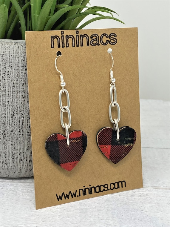 Heart Chain Earrings, Heart Earrings, Valentines Earrings, Gift for Her, Cork Leather Backed Plaid Heart Earrings, Valentines Gift