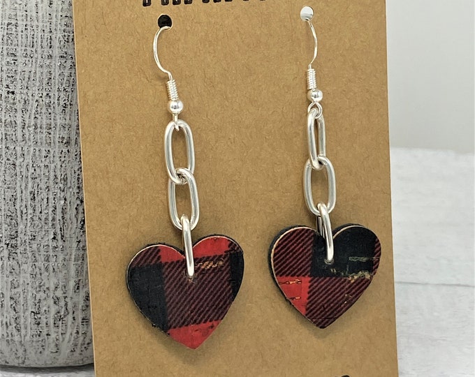 Plaid Cork Heart Chain Earrings: Sterling Silver Hooks
