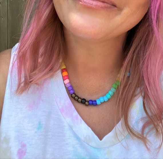 Rainbow Necklace, Beaded Necklace, Pony Bead Necklace, Summer Necklace, Adjustable Necklace, Colorful Necklace, 90's Jewelry, Trendy, Gift