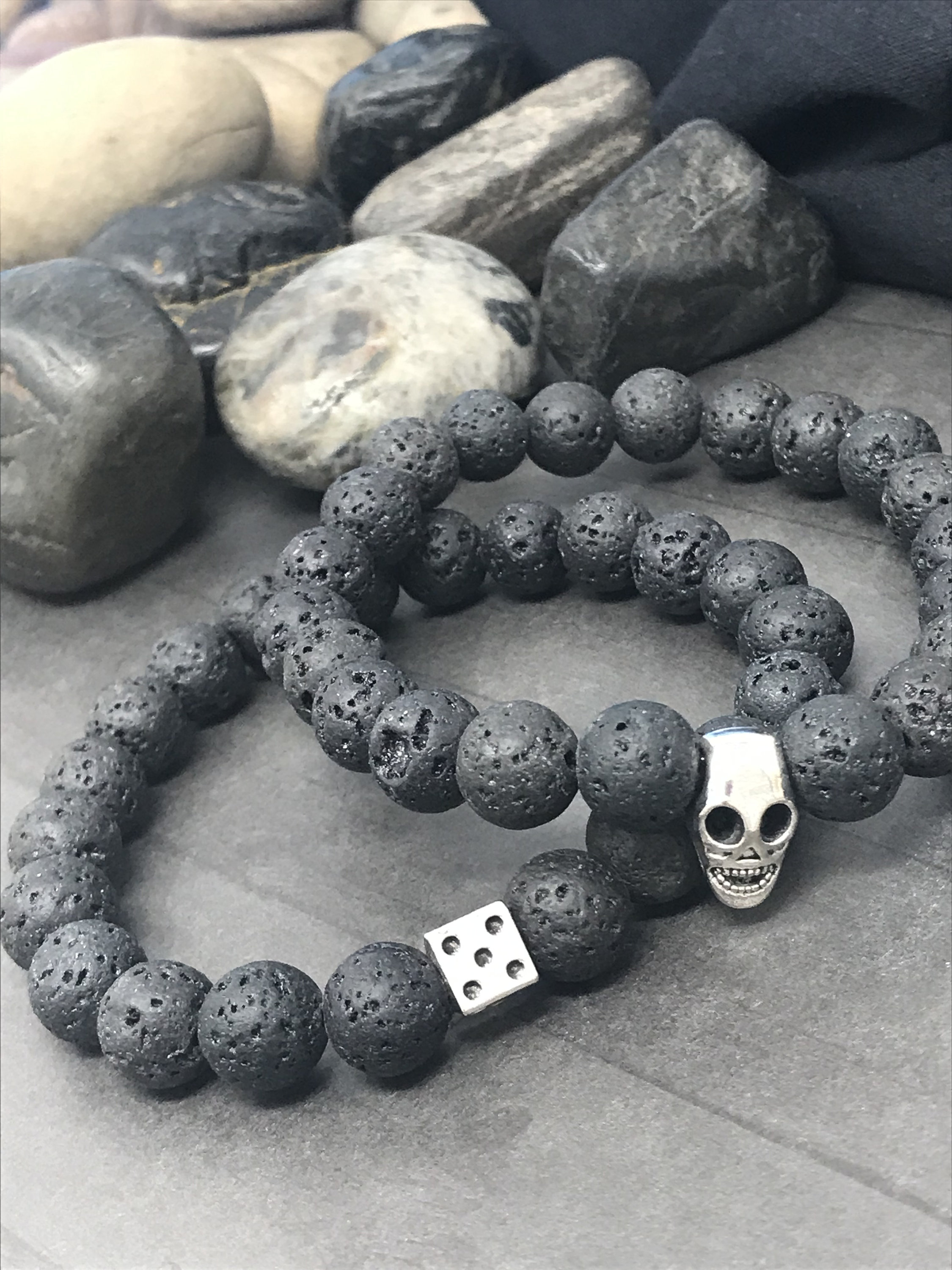 Men's Lava Bracelet, Lava Bead Diffuser Bracelet, Skull Bracelet, Oil