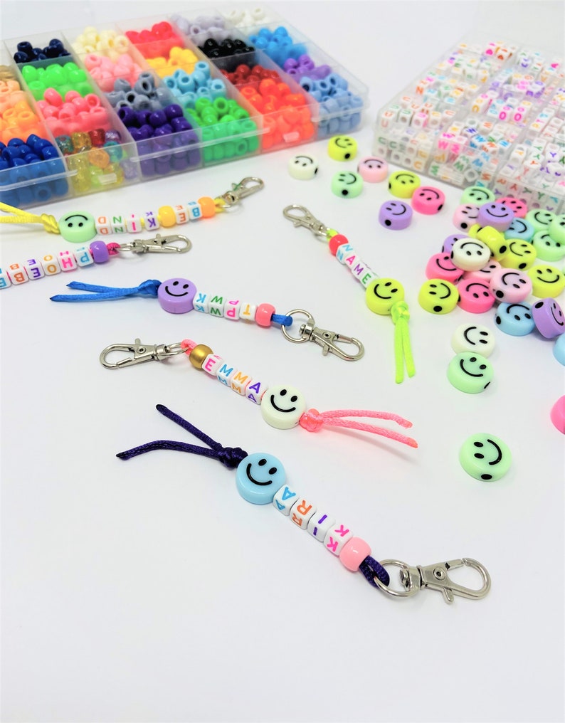Custom Beaded Name Keychain Smiley Face Key Chain Custom Etsy