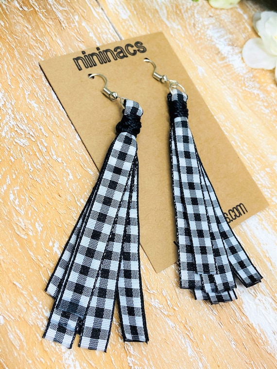 Plaid Earrings, Checkered Earrings, Buffalo Plaid Earrings, Tassel Earrings, Christmas Earrings, Holiday Earrings, Gift for Her, Gift